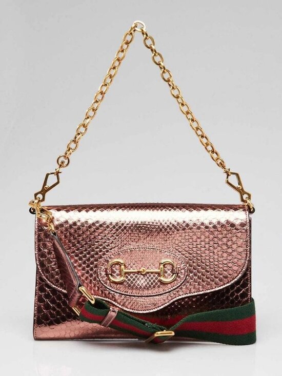 Gucci Handbags - Gucci Pink Metallic Snakeskin Horsebit 1955 Small Crossbody Bag